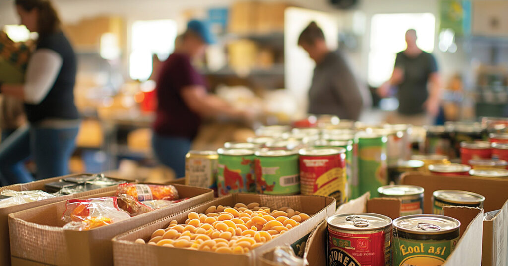 Boxes of canned food and other donations ready for distribution as volunteers work in the background.