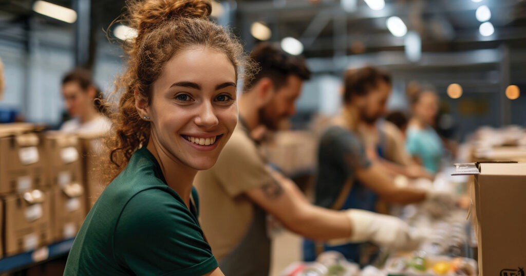 Volunteer smiling while helping sort and pack food donations with others at a community food distribution centre.
