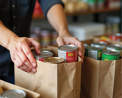 A volunteer packs canned goods into brown paper bags, preparing food donations for distribution.