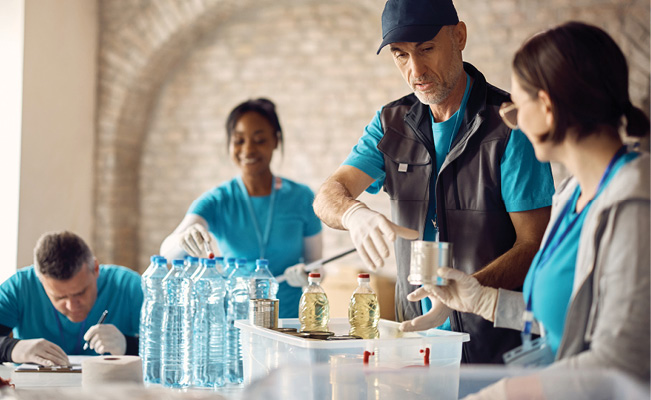 Four volunteers wearing gloves work together to organize bottled water and supplies at a community service event.