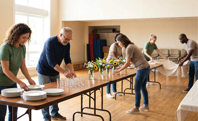 Five volunteers arrange tables, dishes and decorations in a community hall in preparation for an event.
